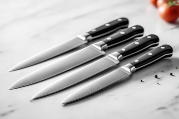 Fototapeta premium Close-up studio shot featuring a set of four stainless steel kitchen knives with black handles, elegantly arranged on a marble surface, creating a clean and modern culinary aesthetic.