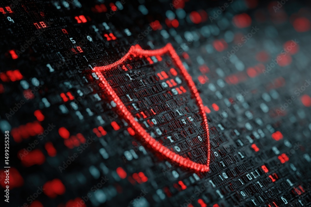 Poster abstract cybersecurity shield protecting data, digital binary code background, symbolizes data priva