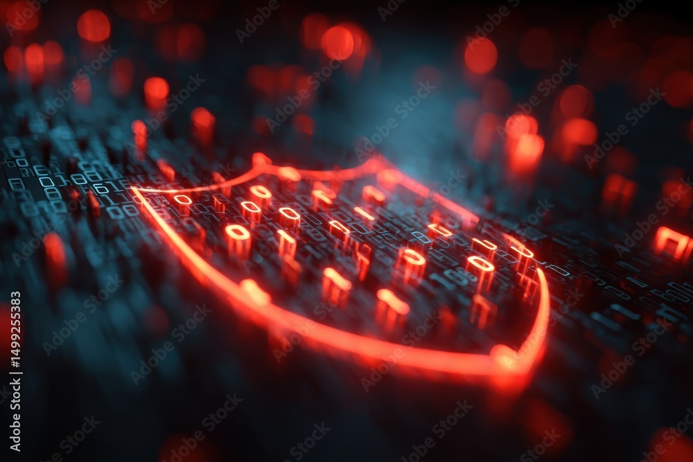Poster cybersecurity shield symbol with binary code data stream, depicting the importance of data protectio