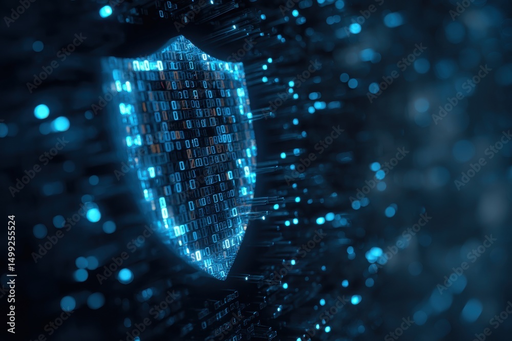 Poster a futuristic digital security shield with binary code, symbolizing data protection, cybersecurity an
