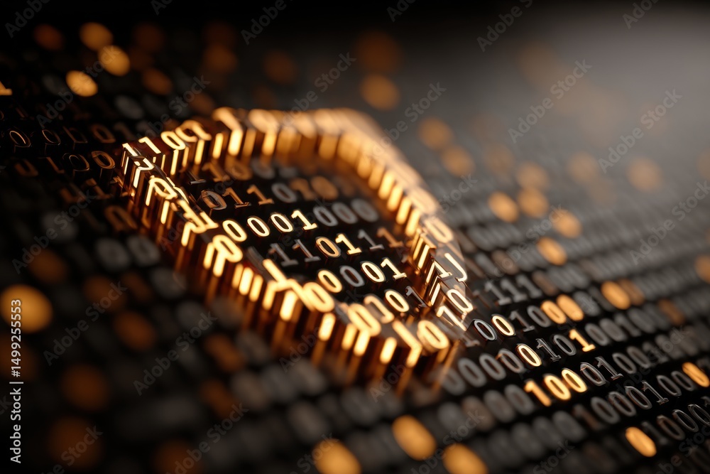 Poster an abstract digital security shield formed from glowing binary code against a dark background signif