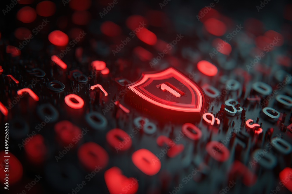 Poster a striking close-up of a security shield icon, illuminated in red neon, floating above a field of bi