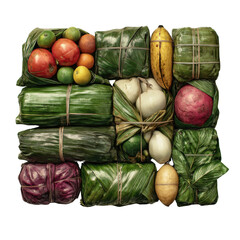 Naklejka premium Fresh Produce Wrapped in Banana Leaves Organic Vegetables and Fruits for Healthy Eating
