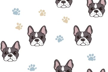Repeating pattern of french bulldog heads and paw prints.