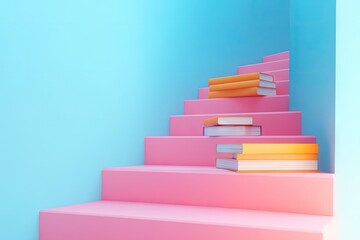 Pastel pink stairs, ascending with stacks of orange and light-pink books, against a light blue wall
