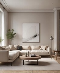Sleek minimalist drawing room, neutral palette, natural light,  rug,  contemporary