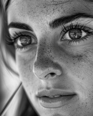 Fototapeta premium Close-up of expressive eyes and nose in high contrast monochrome image.
