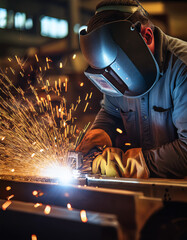 Generated Image of A welder at work inside a steel factory, sparks flying in every direction as the torch cuts through metal.