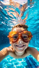 Fototapeta premium A smiling child wearing orange goggles explores underwater, surrounded by bubbles.