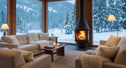 Fototapeta premium Cozy mountain view living room in winter