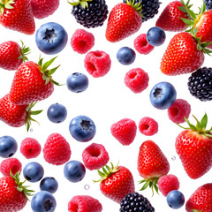 A scattered assortment of fresh berries including strawberries raspberries blueberries and blackberries on black isolated with white background