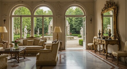 Luxurious interior home living room with garden view