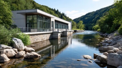 Obraz premium Modern architectural design of a riverside building surrounded by lush greenery and scenic mountains in daylight