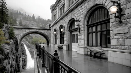 Serene Historic Building Overlooking Waterfall in Black and White Environment