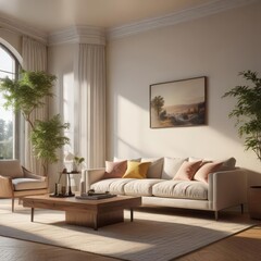 Sunlit living room, plush sofa, elegant decor, minimal, sofa