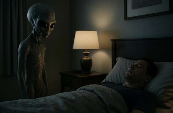 Gray alien standing next to bed, watching sleeping man at night
