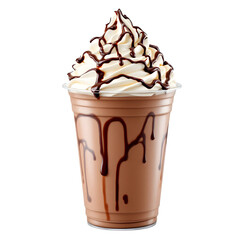 A chocolate milkshake with whipped cream and chocolate syrup in a clear plastic cup on black background isolated with white background