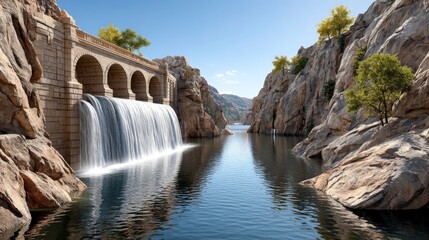 Obraz premium Serene Waterfall Cascade Over Ancient Stone Dam Surrounded by Majestic Mountain Landscape and Clear Blue Sky