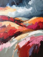 Abstract Expressionism landscape with stormy clouds and vibrant colors