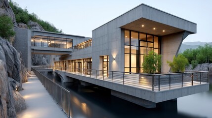 Fototapeta premium Modern architectural design of serene house overlooking tranquil water, surrounded by natural landscape and rocks