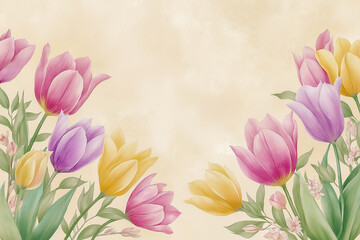 Fototapeta premium Floral illustration showcases vibrant pink and yellow flowers with lush green leaves against a warm beige backdrop, ideal for creative projects and designs