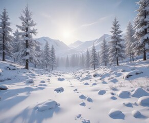 Soft snowfall blankets pristine, snow-covered landscape, scene, peaceful, photography