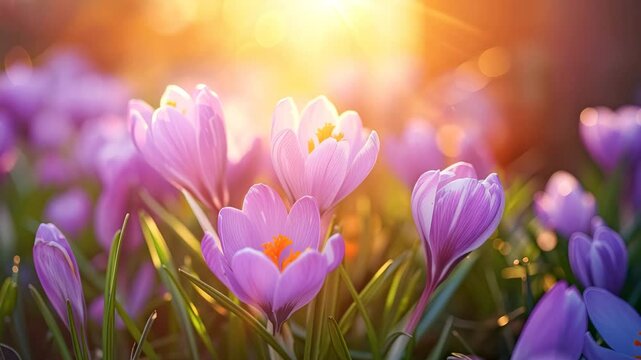 Spring flowers in sunny day in nature, Crocuses, Colorful natural background