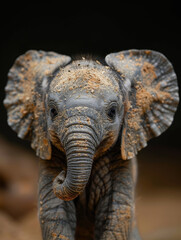 Fototapeta premium Close-up of a young elephant calf with sand-dusted skin and expressive eyes.