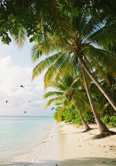 Fototapeta premium Tropical Beach Scene with Palm Trees and Birds