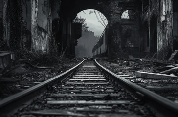 Fototapeta premium Digital art of train tracks leading into a ruined station