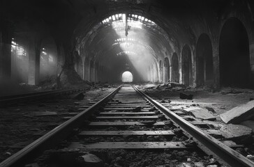 Fototapeta premium Digital art of train tracks leading into a ruined station