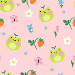 Seamless pattern with cute frogs, strawberries and flowers. Vector graphics.