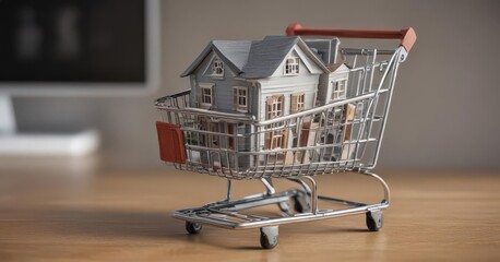 Miniature house model nestled in a shopping cart, online home purchase ,  scale model,  house model