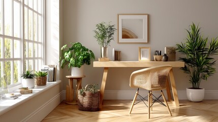 Obraz premium Modern home office interior with wooden desk, plants, and natural light providing a relaxing workspace atmosphere