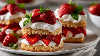 Delicious Strawberry Shortcake with Fresh Cream and Mint Garnish on a Light Gray Background