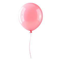 A single pink balloon with a red ribbon floating against a stark black background in studio light isolated with white background