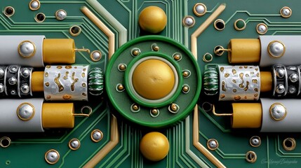 Futuristic Circuit Board Design with Metallic Elements and Colorful Patterns in High Detail