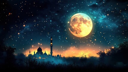 Naklejka premium Nocna sceneria z pełnią księżyca i zabudowaniami miejskimi