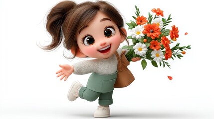 Joyful young girl with brown hair holds vibrant flower bouquet in a cheerful pose on a white background