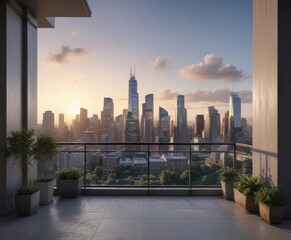 Sophisticated city skyline view from modern condo balcony, view, decor, condo