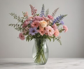 Soft pastel watercolor flower bouquet in a simple vase  ,  art print,  bouquet