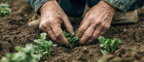 a weathered hand gently placing a vibrant green seedling into fe