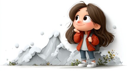 Cute girl with backpack gazing at mountains in a snowy landscape, exploring nature with joy and wonder
