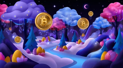 Crypto Landscape with Bitcoin, Metaverse, and Digital Art in Dreamy Night Scene