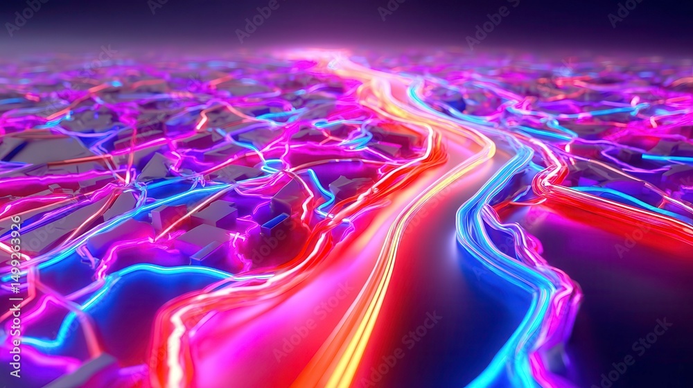 Sticker abstract neon technology network background. modern connection, data flow, artificial intelligence c