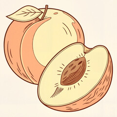Peach in detailed pencil illustration style in black and white representing organic summer fruit and vintage botanical art