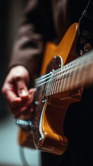 Guitariste main sur cordes guitare électrique éclairage ambré musical