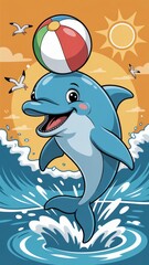 Obraz premium Cheerful Cartoon Dolphin Playing with Beach Ball in Summer Ocean Scene Generative AI