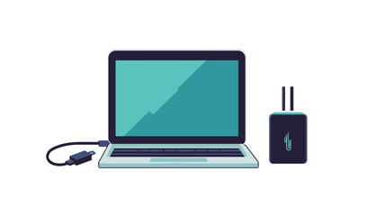 The image showcases a stylized illustration of a laptop computer and its power adapter. The laptop is depicted in a flat design style with a teal screen displaying a subtle diagonal gradient.