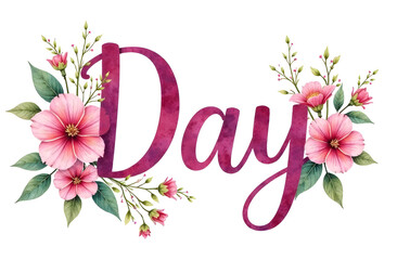 Elegant pink Day text decorated with blooming flowers and green leaves, watercolor style on white background, concept of celebration